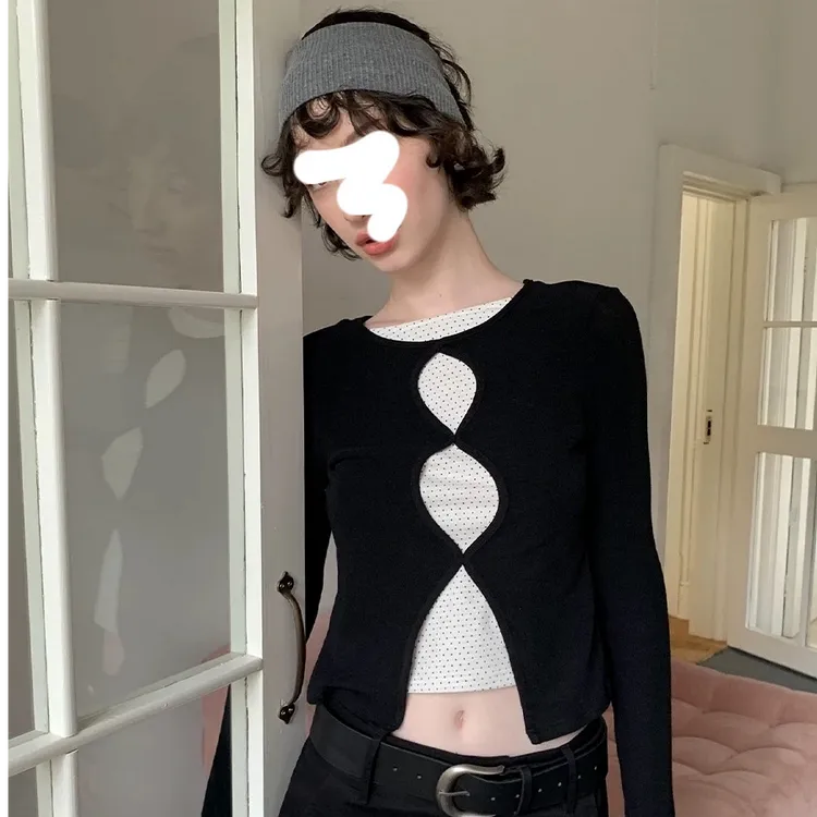 假两件镂空波点长袖t恤女秋季新款修身针织上衣