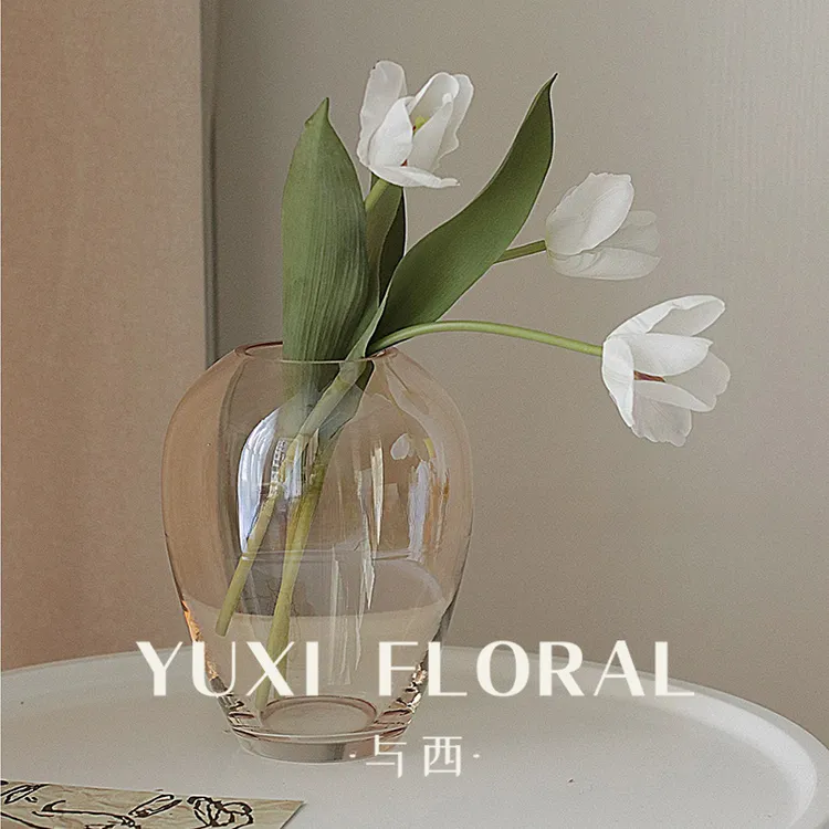 法式简约棕色透明花瓶轻奢手工玻璃客厅花瓶插花水养