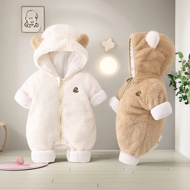 秋冬季保暖法兰绒棉衣棉服连帽婴儿宝宝衣服爬服男女连体衣外出服