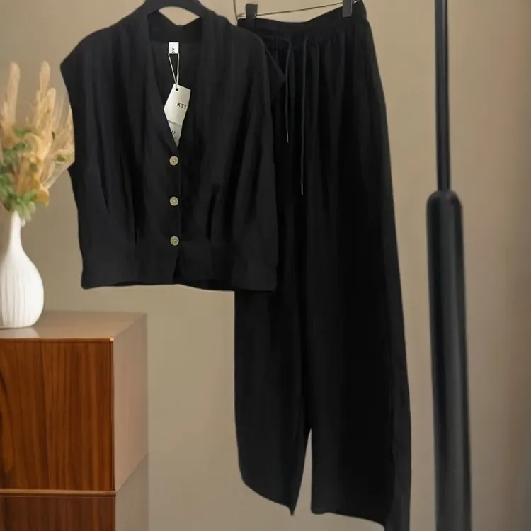 夏季气质无袖棉麻背心马甲上衣搭配阔腿裤时尚套装