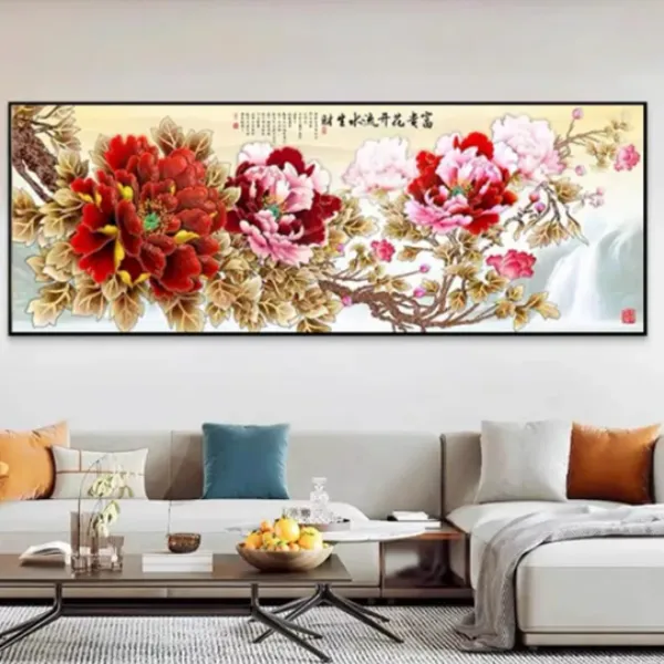 （花开富贵牡丹花横幅）客厅沙发背景墙铝合金晶瓷晶钻装饰挂画