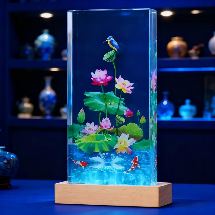 高端轻奢艺术品七彩灯光摆件【荷鲤报喜】送礼乔迁家居办工作饰品