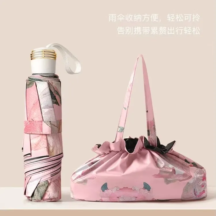油画双面双花晴雨伞双层黑胶加倍防晒防紫外线太阳伞送同色手拎包