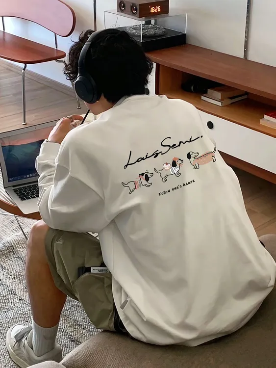 秋冬重磅纯棉长袖t恤腊肠狗男生潮牌情侣半袖宽松束口百搭上衣