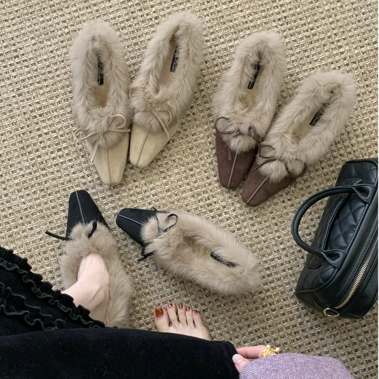 内增高方头蝴蝶结复古风加绒保暖单鞋秋冬新款百搭气质舒适毛毛鞋