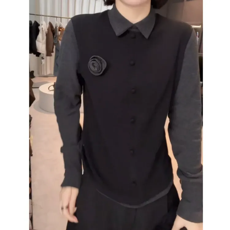 冬款双面绒翻领设计感时尚百搭长袖显瘦上衣T恤LK2507682