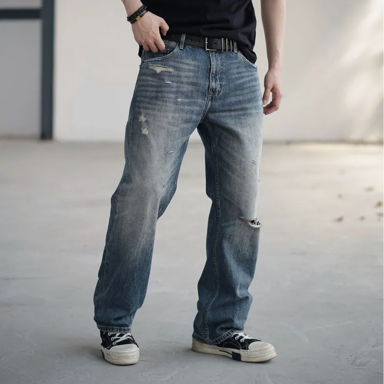 【01】11盎司复古水洗扎花破洞痞帅休闲直筒水洗牛仔裤