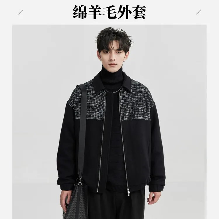 秋冬季男士翻领绵羊毛简约复古休闲保暖拼接撞色百搭棉服23825