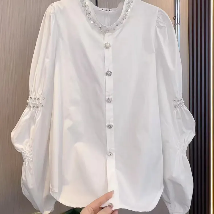 洋气减龄重工镶钻宽松单排扣衬衫女士春季高级感立领休闲长袖衬衣