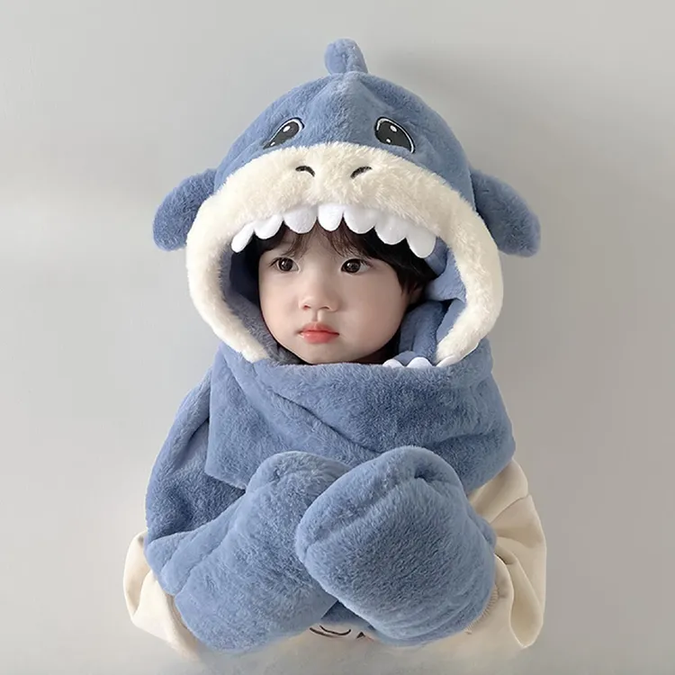 儿童鲨鱼帽子围巾手套三件套冬季加绒加厚女童一体帽男宝宝防风帽