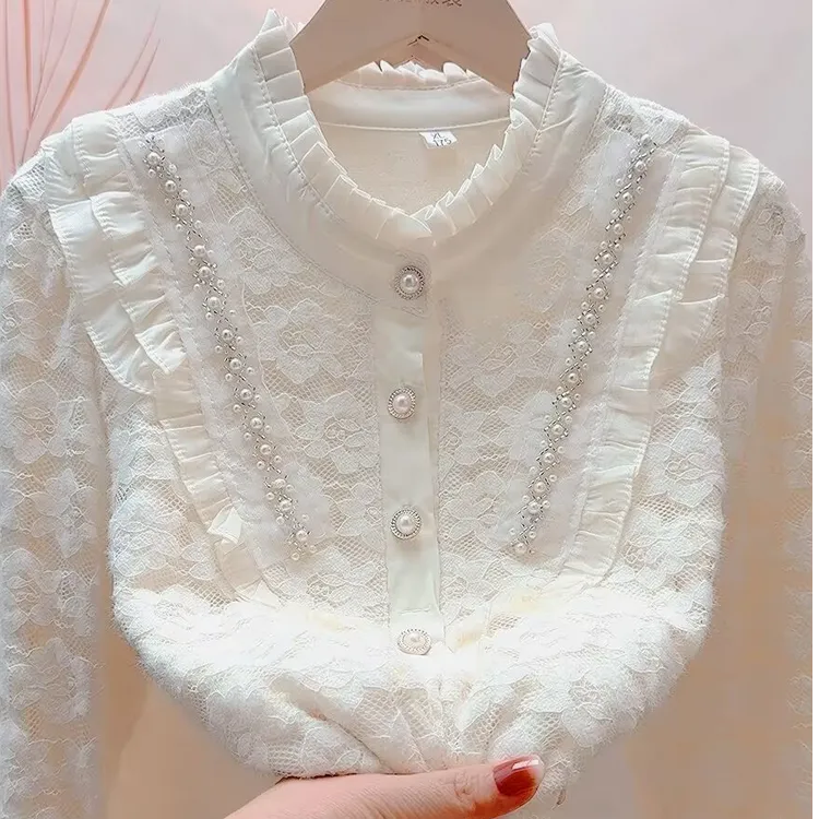 依26#秋冬加绒立领加厚保暖衬衫蕾丝宽松新款打底显瘦遮肉上衣女