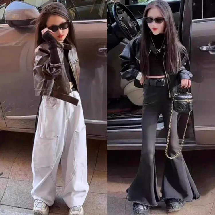 女童秋装短款皮衣外套2025新款韩版时髦儿童休闲牛仔裤两件套潮酷