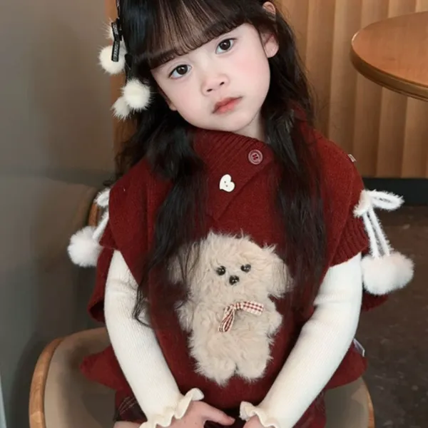 2025秋冬新款女童套装儿童可爱红色小狗毛衣马甲宝宝毛呢短裙套装