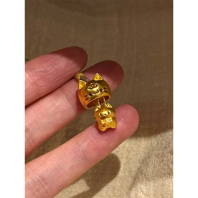 铜合金项链 黄金色躲猫猫铃铛吊坠项链可爱猫咪套瞄瞄棕绳毛衣链 