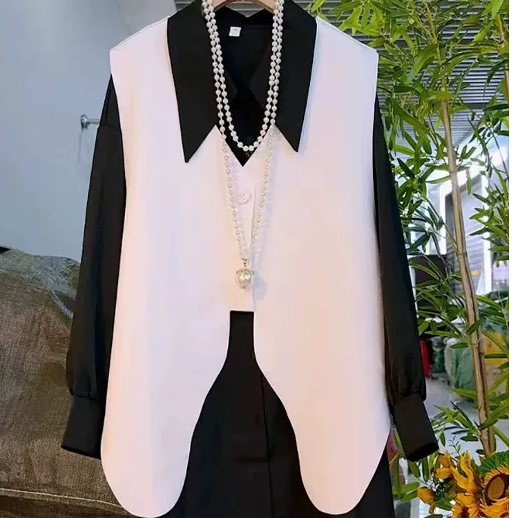 加肥大码女装V领纽扣不规则底摆马甲胖妹妹设计感翻领长袖衬衫潮