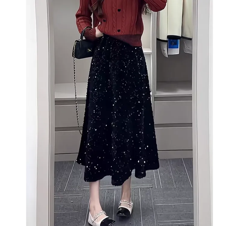 黑色亮片半身裙女2025春季新款高腰百搭显瘦中长裙小个子A字伞裙