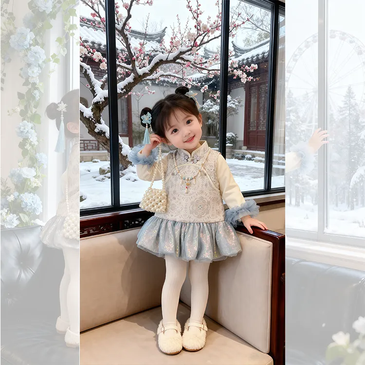 女童国风夹棉连衣裙洋气冬装周岁礼服2025新款小童女宝宝两件套潮