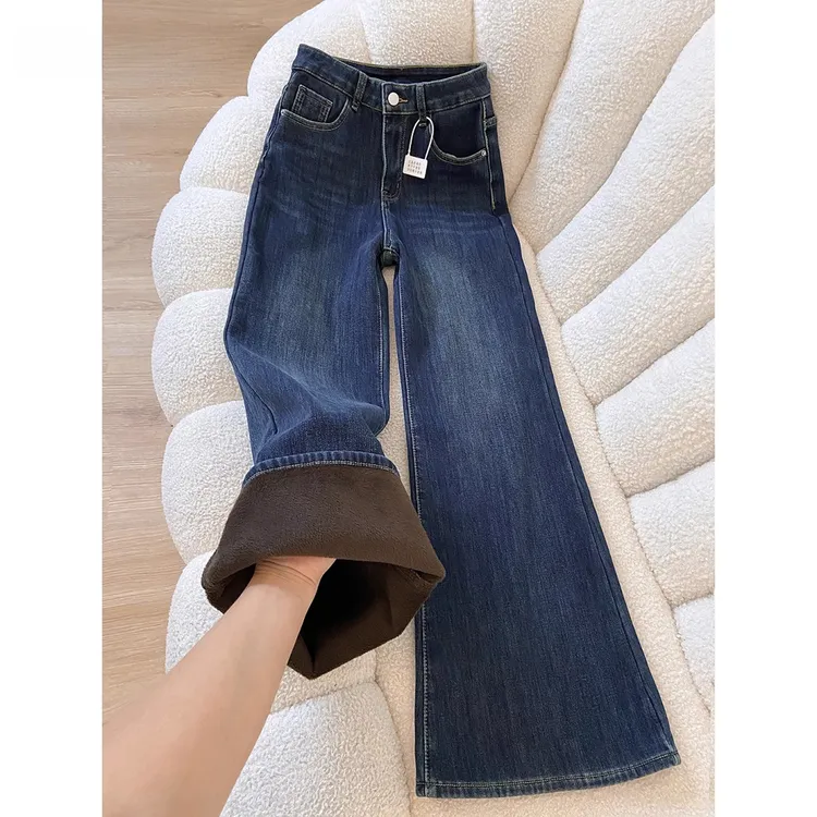 深蓝色加绒加厚微喇牛仔裤女秋冬2025新款小个子高腰百搭喇叭裤子