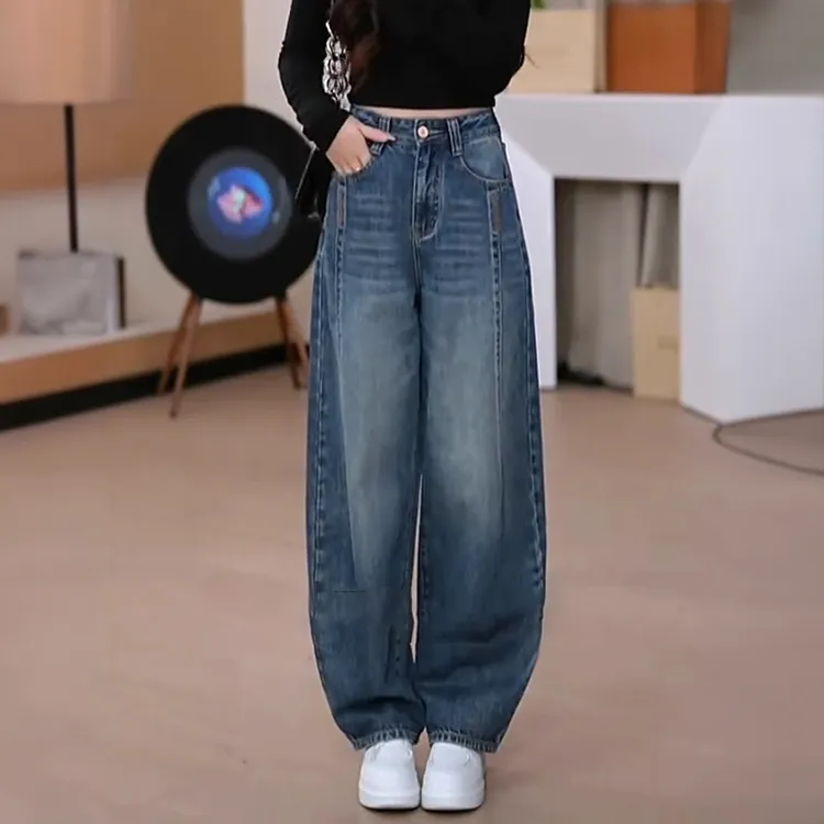 高腰香蕉裤秋冬季加绒裤子女2025新款弯刀裤宽松阔腿裤大码牛仔裤