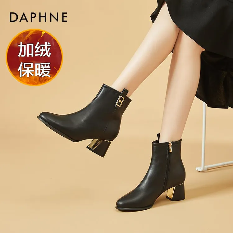 达芙妮真皮短靴女士皮鞋加绒黑色瘦瘦靴秋季马丁靴粗跟6CM高跟鞋