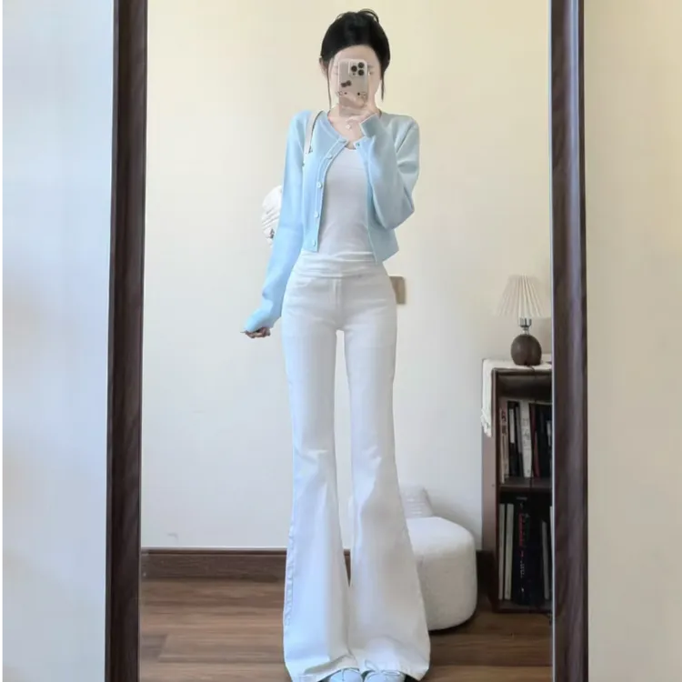 慵懒风蓝色针织外套女早秋季2025小个子短款外搭上衣开衫喇叭长裤