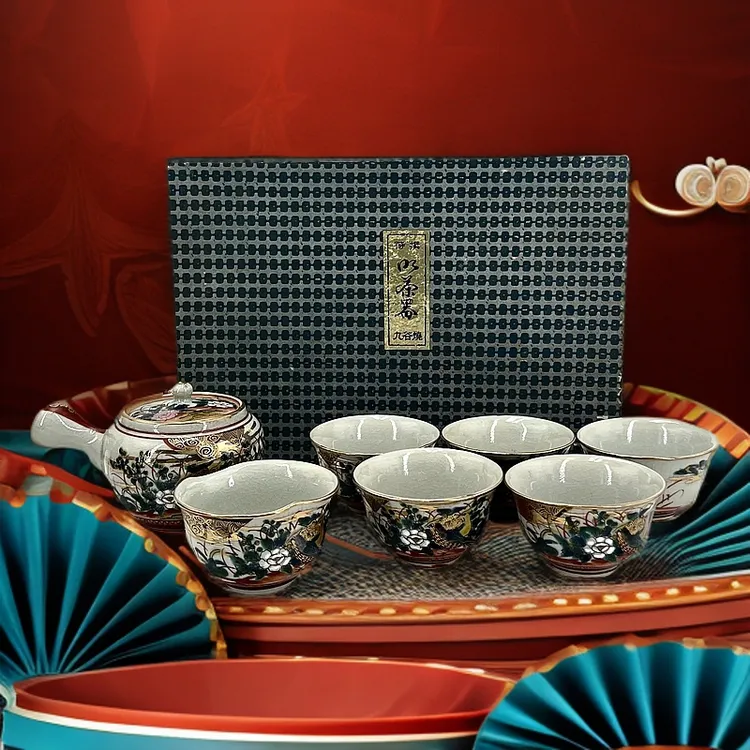 日本九谷庄三茶具套装一壶五杯一公道 年代物有正常窑带窑伤 慎拍