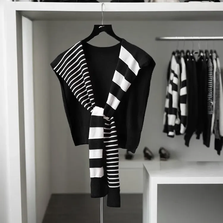 高能感2025时尚条纹针织打结外搭小披肩女韩版百搭装饰假领子围巾