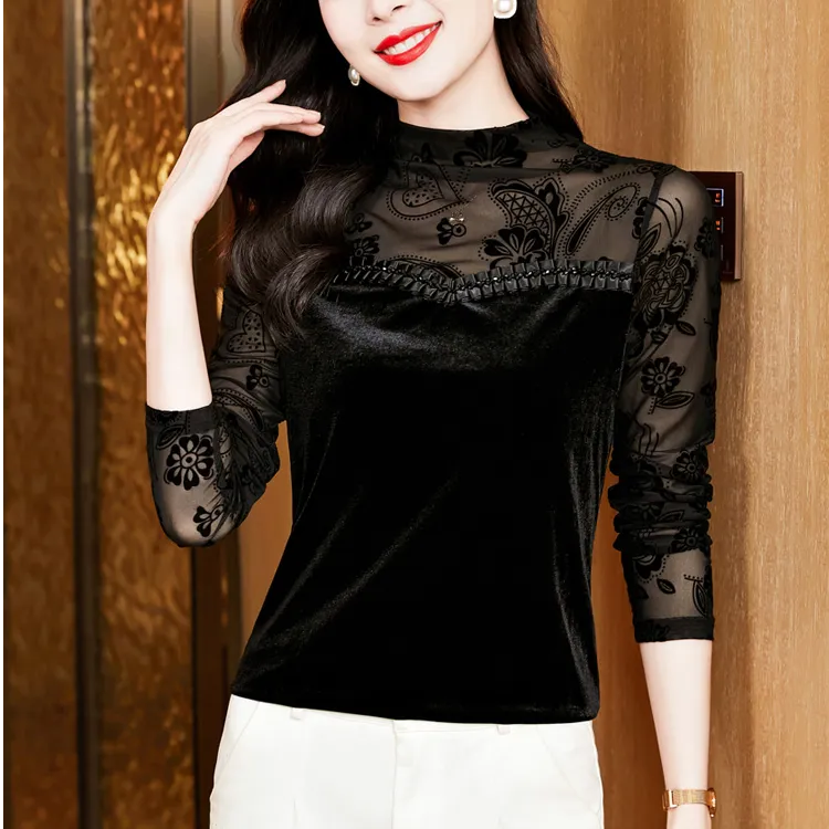 蕾丝秋冬拼接网纱T恤女半高领打底衫长袖丝绒内搭小衫轻熟风上衣