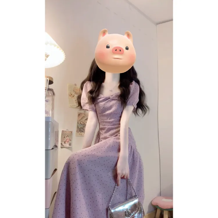大码夏季新款时尚方领波点短袖连衣裙韩版收腰显瘦减龄法式长裙子