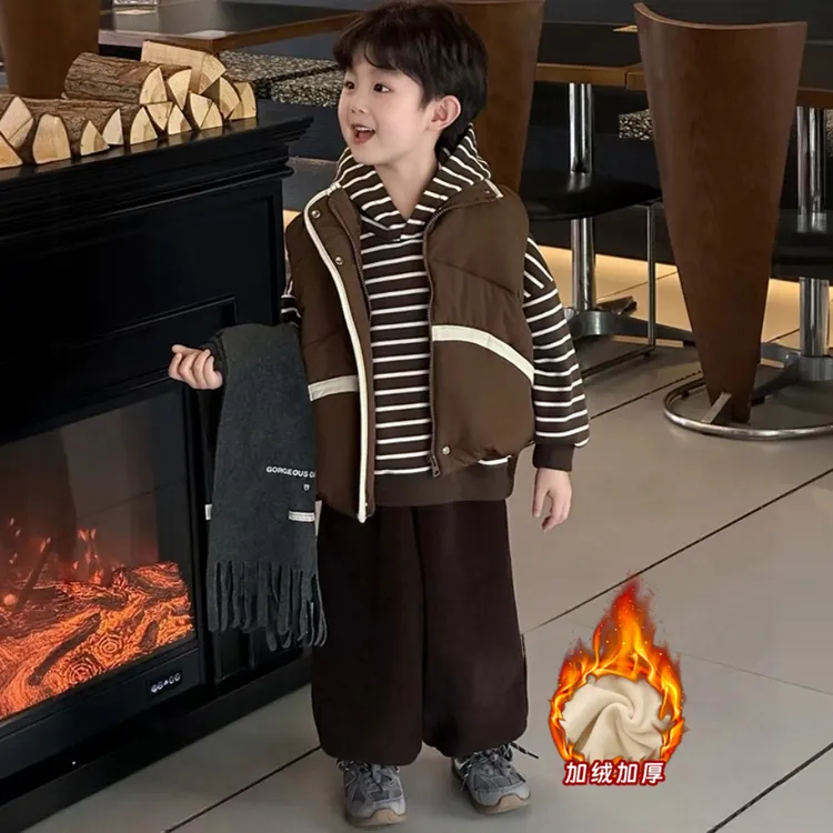 男童秋冬季三件套装2025新款儿童韩系棉马甲加绒冬装洋气宝宝衣服