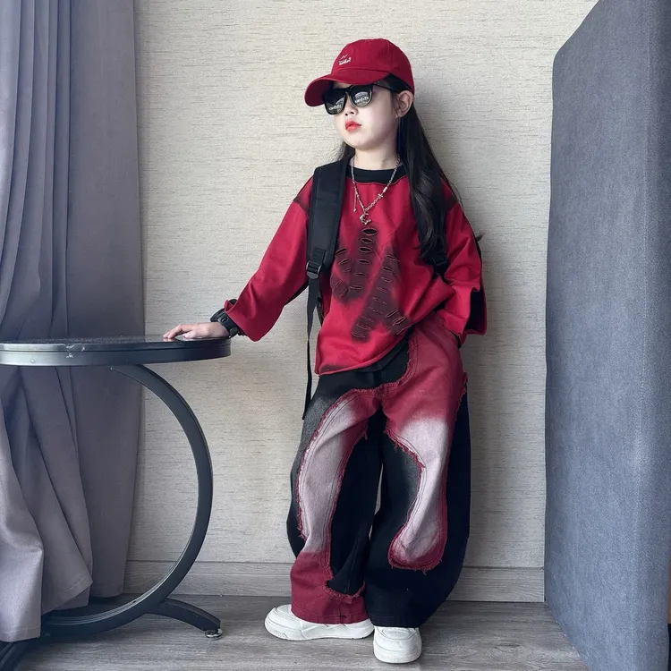 男女童秋季痞帅潮酷街舞风拼色个性牛仔裤中大童破洞长袖卫衣潮