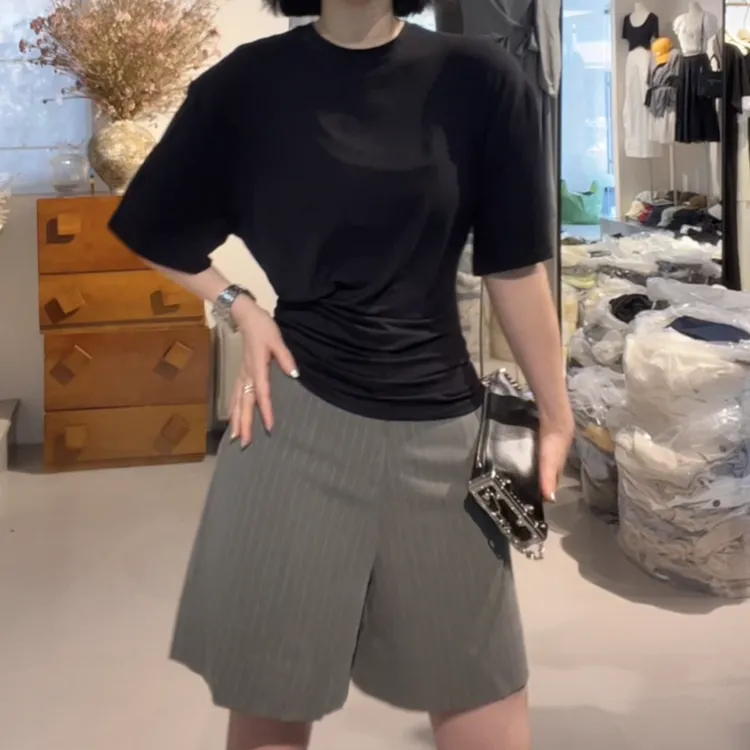 收腰显瘦纯色高级感短袖上衣女2025夏季新款气质通勤显瘦洋气上衣