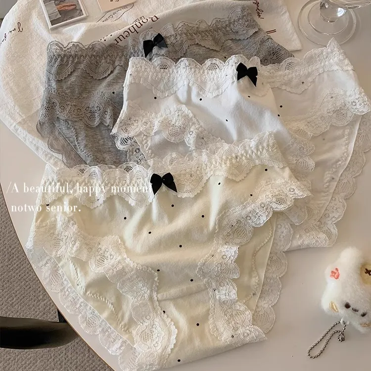 3条装~法式纯欲蕾丝内裤女纯棉抗菌100%全棉裆少女生中腰三角短裤