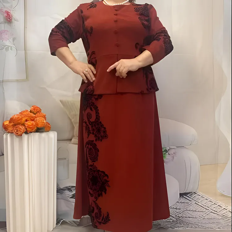 长袖印花连衣裙喜婆婚宴裙子显瘦复古国风时尚ins