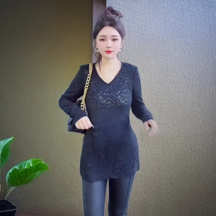 韩版蕾丝卫衣中长款打底设计计百搭洋气减龄圆领女款宽松上衣遮肉