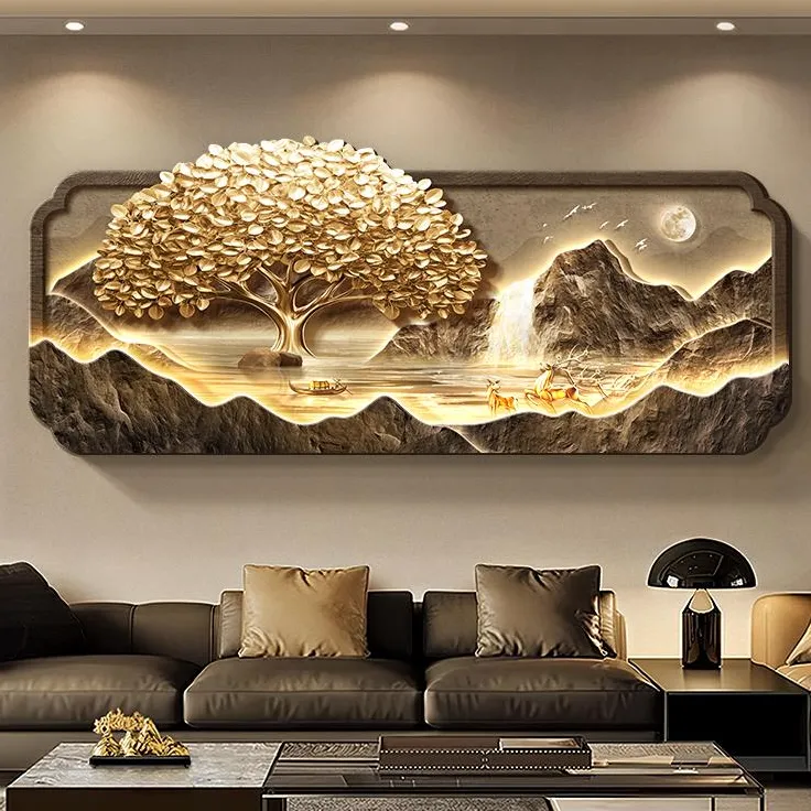 发财树客厅装饰画轻奢高级感流水生财山水画沙发背景墙挂画寓意好