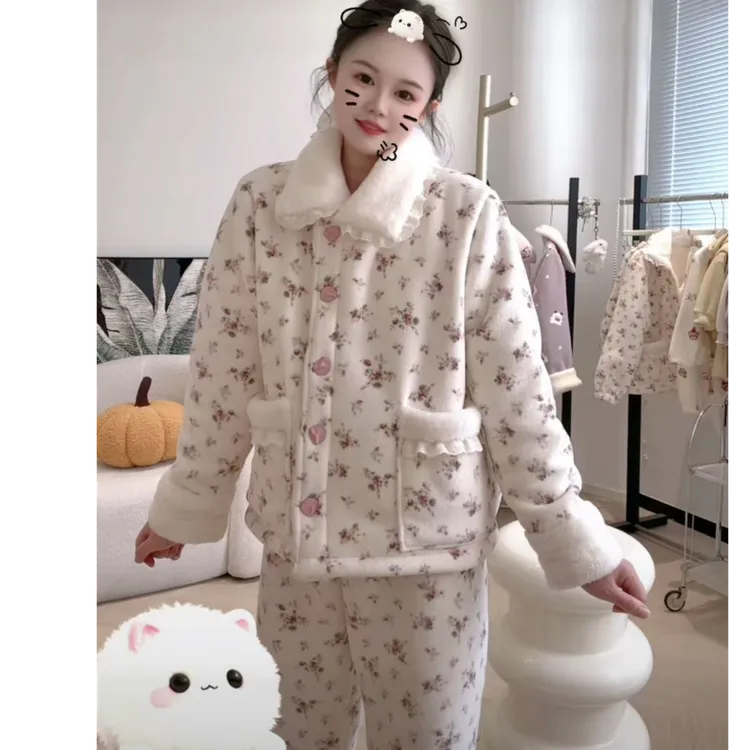 2025女冬季新款加绒加厚保暖小碎花翻领甜美花边家居服套装可外穿