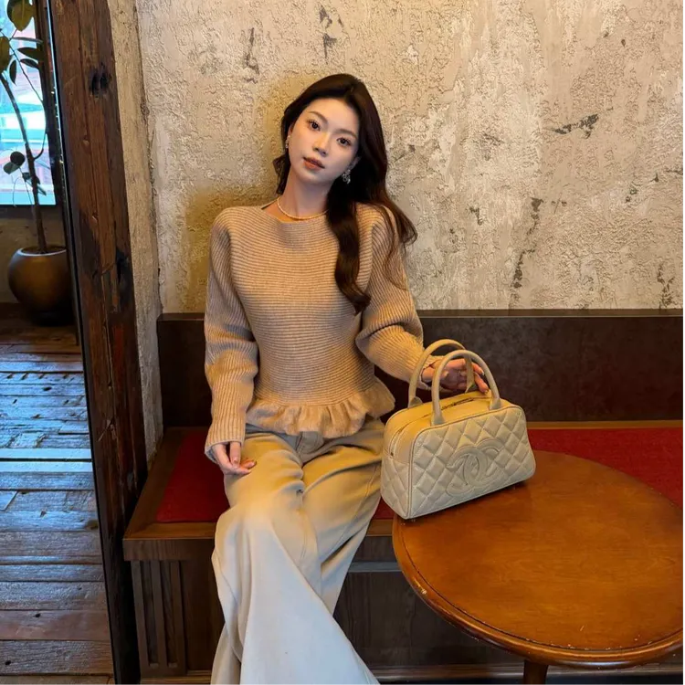 【冬日之约】法式气质荷叶边毛衣女秋冬设计感收腰系带长袖针织上衣