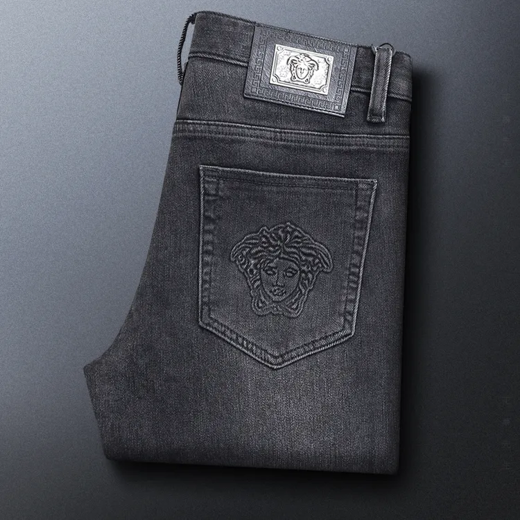 约文库费高端时尚春夏季男款牛仔裤高端深灰色修身小直筒弹力美式