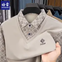 培蒙春秋季新款男士长袖T恤商务休闲宽松假两件打底polo衫上衣服