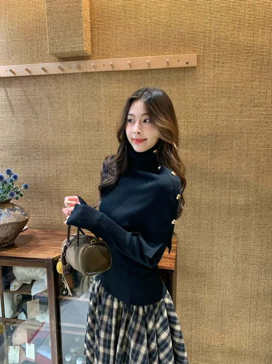 复古气质千金风纽扣斗篷两件套针织打底衫套装高领时尚上衣I6-50