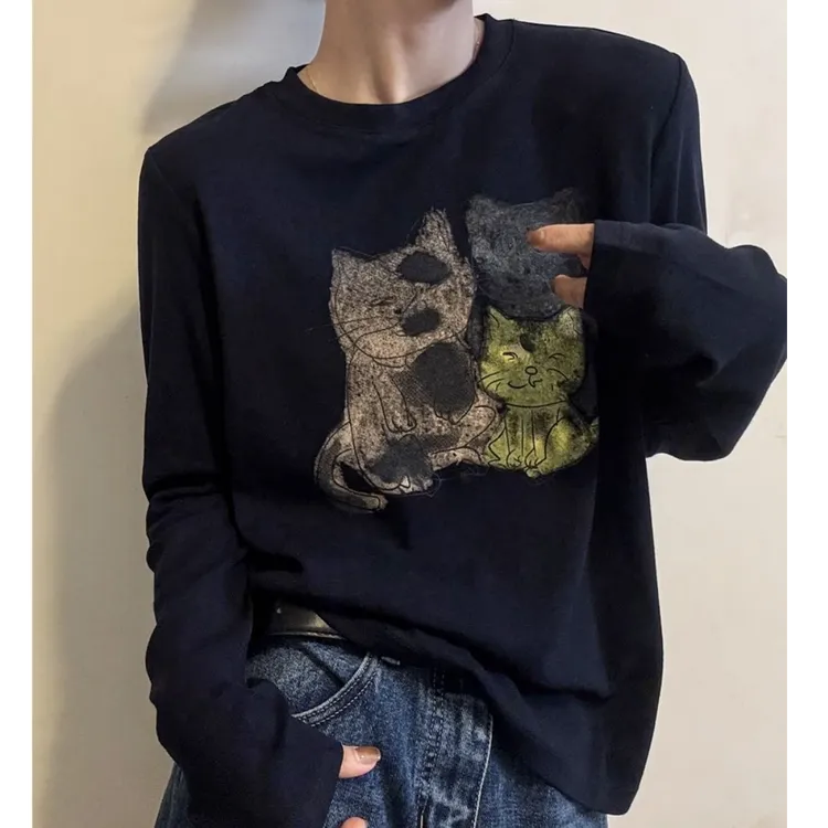 欧朵琦【品牌正品】19#厚款拉毛圆领猫咪印花长袖T恤