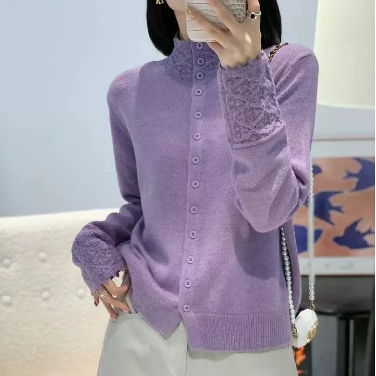 【羊毛亮丝亮片蜜熊绒】秋冬高领钩花单排扣软糯针织毛衣女打底上衣