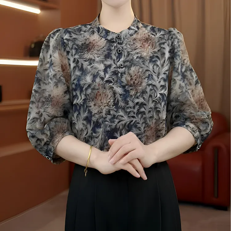 洒银工艺2025春夏修身花色时尚圆气质优雅套头百搭七分袖衬衫0713