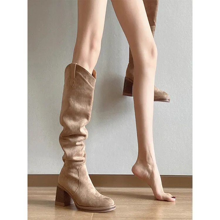 牛皮版~西部牛仔靴女新款美拉德风绒面显瘦V口拉链粗跟长筒堆堆靴