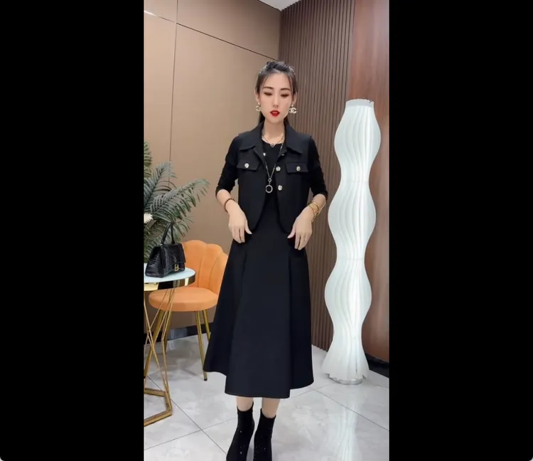 秋季出行套装网红两件套极简风休闲连衣裙百搭马甲时尚气质套装