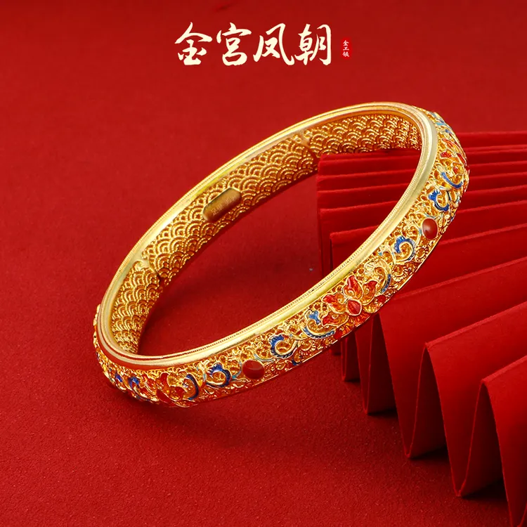 足银手镯 金宫凤朝 花影手镯女士精美时尚婉容古风国风珐琅彩镂空