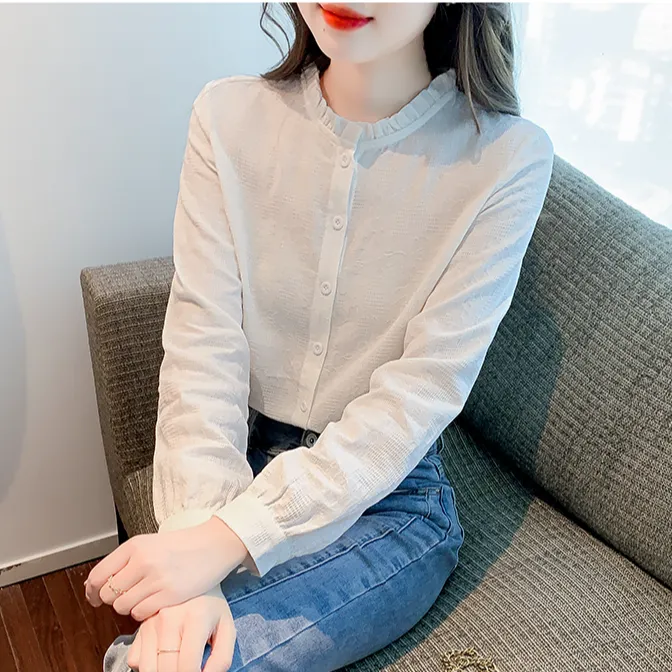 【退货运费全补】木耳边立领提花纯棉衬衫女春秋长袖白衬衣薄款上衣