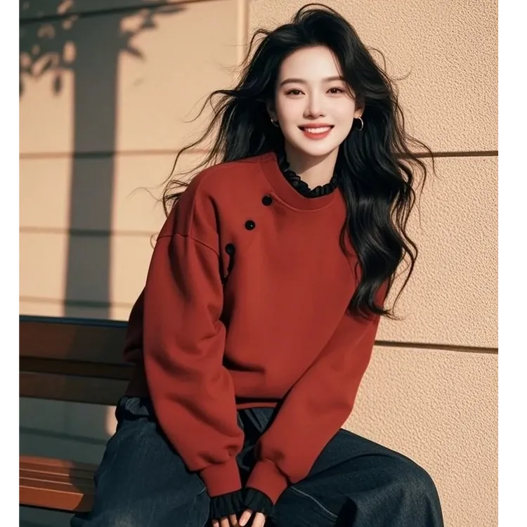 2025春季新款爆款时尚洋气圣诞新年韩系慵懒风红色半高领套头卫衣