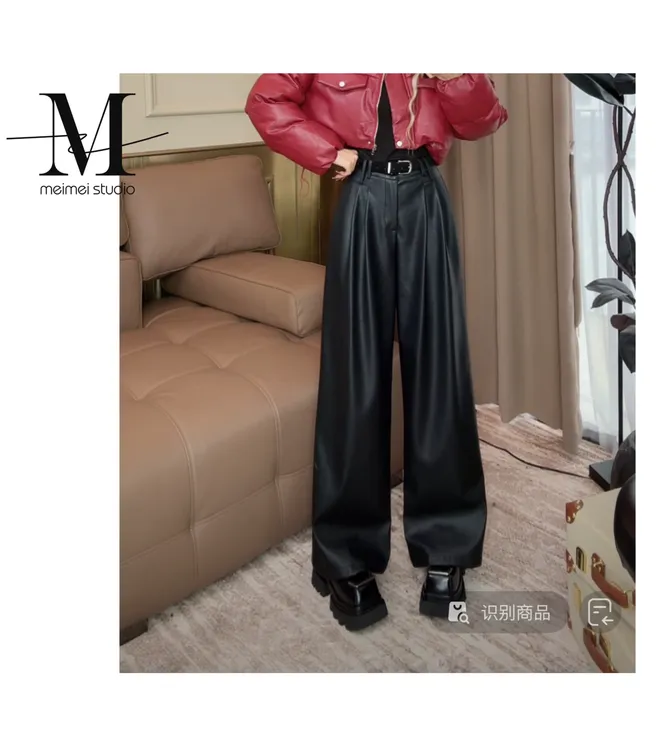意模时尚气质百搭设计师款加绒皮直筒裤548-31070866